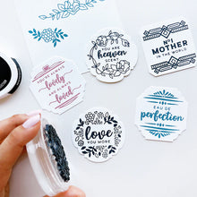 Load image into Gallery viewer, Catherine Pooler - Stamp &amp; Die Set - Heaven Scent Label. This set has sentiments that are Heaven Scent! This 6x8 Stamp Set and coordinating dies were designed to deliver a special sentiment in a the form of an illustrated cosmetic bottle label. Available at Embellish Away located in Bowmanville Ontario Canada.

