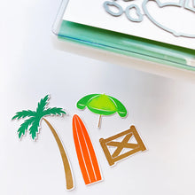 Charger l'image dans la galerie, Catherine Pooler - Stamp &amp; Die Set - On the Boardwalk. This set is perfect for building scenes, clustering or simple cards. This set includes a palm tree, surf board, the boardwalk fence and all the bits to build your own treat cart. Available at Embellish Away located in Bowmanville Ontario Canada.
