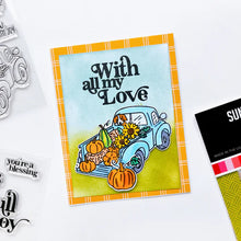 Charger l'image dans la galerie, Catherine Pooler - Stamp &amp; Die Set - Pumpkin Pick-Up. Straight from the farm, this Set is the quintessential fall image! Color in this large line art image of a vintage truck filled to the brim with hay, sunflowers and of course- the pumpkins! Available at Embellish Away located in Bowmanville Ontario Canada. Example by brand ambassador.
