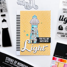 Load image into Gallery viewer, Catherine Pooler - Stamp &amp; Die Set - Scenic Lighthouses. The Scenic Lighthouses Set has three unique, hand drawn lighthouses. The outline lighthouse image is perfect for coloring with ink pads and Blender Pens or Copic or Alcohol Markers. Available at Embellish Away located in Bowmanville Ontario Canada. Example by brand ambassador.

