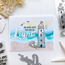 Load image into Gallery viewer, Catherine Pooler - Stamp &amp; Die Set - Scenic Lighthouses. The Scenic Lighthouses Set has three unique, hand drawn lighthouses. The outline lighthouse image is perfect for coloring with ink pads and Blender Pens or Copic or Alcohol Markers. Available at Embellish Away located in Bowmanville Ontario Canada. Example by brand ambassador.
