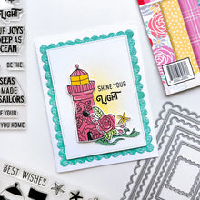 Load image into Gallery viewer, Catherine Pooler - Stamp &amp; Die Set - Scenic Lighthouses. The Scenic Lighthouses Set has three unique, hand drawn lighthouses. The outline lighthouse image is perfect for coloring with ink pads and Blender Pens or Copic or Alcohol Markers. Available at Embellish Away located in Bowmanville Ontario Canada. Example by brand ambassador.
