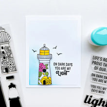Load image into Gallery viewer, Catherine Pooler - Stamp &amp; Die Set - Scenic Lighthouses. The Scenic Lighthouses Set has three unique, hand drawn lighthouses. The outline lighthouse image is perfect for coloring with ink pads and Blender Pens or Copic or Alcohol Markers. Available at Embellish Away located in Bowmanville Ontario Canada. Example by brand ambassador.

