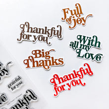 Load image into Gallery viewer, Catherine Pooler - Stamp &amp; Die Set - Sentiments - Joyful Thanks. Send a "big thanks" with the Joyful Thanks Sentiment Stamp &amp; Die Set. This stamp set features some large sentiments and smaller complimentary sentiments to use alone or inside the card. Available at Embellish Away located in Bowmanville Ontario Canada. Example by brand ambassador.
