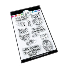 Load image into Gallery viewer, Catherine Pooler - Stamp &amp; Die Set - Who's Hoo. Hoo's the cutest little card maker you ever did see? The Who's Hoo Set is a perfect flock of feathered friends ready to celebrate.  Available at Embellish Away located in Bowmanville Ontario Canada.
