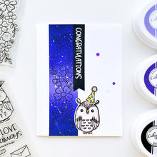 Load image into Gallery viewer, Catherine Pooler - Stamp &amp; Die Set - Who's Hoo. Hoo's the cutest little card maker you ever did see? The Who's Hoo Set is a perfect flock of feathered friends ready to celebrate.  Available at Embellish Away located in Bowmanville Ontario Canada. Example by brand ambassador.
