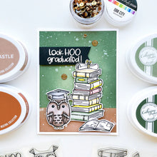 Load image into Gallery viewer, Catherine Pooler - Stamp &amp; Die Set - Floral Fiction. The Floral Fiction Set is full of fun background and decorative elements for birthday, graduation or just because cards Pair these book and flowers with the Owls from the Who's Hoo set. Available at Embellish Away located in Bowmanville Ontario Canada. Example by brand ambassador.
