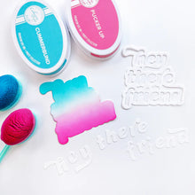 Load image into Gallery viewer, Catherine Pooler - Word Die - A Big Hey There. This die can be used as a frame with patterned paper behind or inlaid for a colorful pop. Just use the letters to add a simple "hey" or "friend" as well. Available at Embellish Away located in Bowmanville Ontario Canada. Example by brand ambassador.
