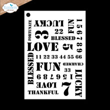 Cargar imagen en el visor de la galería, Elizabeth Craft - Stencil - Journal Stencils 11. Measuring approx. 5.9" x 8.7". Available at Embellish Away in Bowmanville Ontario Canada. Words: Love, Fun, Lucky, Blessed and Numbers.
