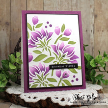 Charger l'image dans la galerie, Gina K. Designs - Layering Stencil - Summer Bouquet. Gina K. Designs Art Screens can be used with ink, sprays, pastes, and gels to create beautiful backgrounds and images. Layer stencils together for more options. Wash with soap and warm water. Available at Embellish Away located in Bowmanville Ontario Canada. Example by Sheri Gilson
