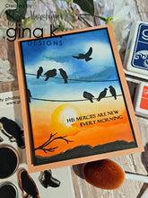 Charger l'image dans la galerie, Gina K. Designs - Stamp - Serene Skies. Melanie Muenchinger has created some perfect silhouettes, powerlines and barbed wire fences to complement your blended ink backgrounds. This set is made of premium clear photopolymer and measures 6" X 8". Available at Embellish Away located in Bowmanville Ontario Canada. Example by Melanie Muenchinger.
