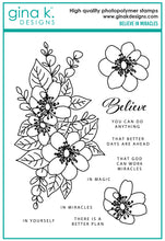 Charger l'image dans la galerie, Gina K. Designs - Stamp &amp; Die Set - Believe in Miracles. Believe in Miracles is a set by Arjita Singh. This set is made of premium clear photopolymer and measures 6" X 8". Made in the USA. Available at Embellish Away located in Bowmanville Ontario Canada.
