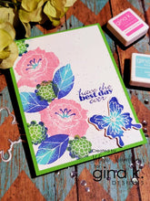 Load image into Gallery viewer, Gina K. Designs - Stamp &amp; Die Set - Bold Flowers. Bold Flowers is the newest collection of big blooms from Melanie Muenchinger, perfect for all your inky techniques! Available at Embellish Away located in Bowmanville Ontario Canada. Example by brand ambassador.

