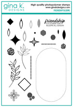 Load image into Gallery viewer, Gina K. Designs - Stamp &amp; Die Set - Friendship Blooms. Friendship Blooms is a stamp &amp; die set by Lisa Hetrick. This set is made of premium clear photopolymer and measures 6" X 8".  Made in the USA. Available at Embellish Away located in Bowmanville Ontario Canada.
