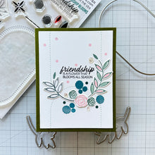 Load image into Gallery viewer, Gina K. Designs - Stamp &amp; Die Set - Friendship Blooms. Friendship Blooms is a stamp &amp; die set by Lisa Hetrick. This set is made of premium clear photopolymer and measures 6" X 8".  Made in the USA. Available at Embellish Away located in Bowmanville Ontario Canada. Example by brand ambassador.
