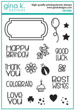 Load image into Gallery viewer, Gina K. Designs - Stamp &amp; Die Set - Fun Frame. Fun Frame is a stamp &amp; die set by Beth Silika. This set is made of premium clear photopolymer and measures 6" X 8". Some features include: Good Luck, Thank You, Best Wishes, Cupcake, Lady Bug. Available at Embellish Away located in Bowmanville Ontario Canada.
