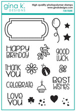 將圖片載入圖庫檢視器 Gina K. Designs - Stamp Set - Fun Frame. Fun Frame is a stamp set by Beth Silika. This set is made of premium clear photopolymer and measures 6" X 8". Some features include: Good Luck, Thank You, Best Wishes, Cupcake, Lady Bug. Available at Embellish Away located in Bowmanville Ontario Canada.
