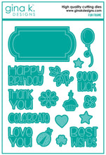 Load image into Gallery viewer, Gina K. Designs - Stamp &amp; Die Set - Fun Frame. Fun Frame is a stamp &amp; die set by Beth Silika. This set is made of premium clear photopolymer and measures 6" X 8". Some features include: Good Luck, Thank You, Best Wishes, Cupcake, Lady Bug. Available at Embellish Away located in Bowmanville Ontario Canada.
