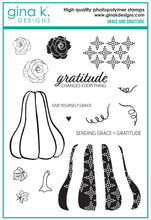 Load image into Gallery viewer, Gina K. Designs - Stamp &amp; Die Set - Grace and Gratitude. Grace and Gratitude is a stamp &amp; die set by Lisa Hetrick. This set is made of premium clear photopolymer and measures 6" X 8". Made in the USA. Available at Embellish Away located in Bowmanville Ontario Canada.
