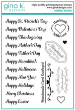 將圖片載入圖庫檢視器 Gina K. Designs - Stamp &amp; Die Set - Handmade Holidays. Handmade Holidays is a stamp &amp; die set by Gina K Designs. This set is made of premium clear photopolymer and measures 6" X 8". Made in the USA. Available at Embellish Away located in Bowmanville Ontario Canada.
