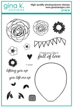Load image into Gallery viewer, Gina K. Designs - Stamp &amp; Die Set - Lift Me Up. Lift Me Up is a set by Lisa Hetrick. This set is made of premium clear photopolymer and measures 6" X 8". These wafer thin metal-etched dies are the highest quality for your paper crafting projects. Available at Embellish Away located in Bowmanville Ontario Canada.
