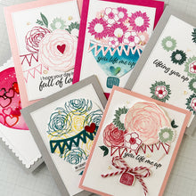 Load image into Gallery viewer, Gina K. Designs - Stamp &amp; Die Set - Lift Me Up. Lift Me Up is a set by Lisa Hetrick. This set is made of premium clear photopolymer and measures 6" X 8". These wafer thin metal-etched dies are the highest quality for your paper crafting projects. Available at Embellish Away located in Bowmanville Ontario Canada. examples by Lisa Hetrick.
