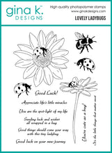 Cargar imagen en el visor de la galería, Gina K. Designs - Stamp &amp; Die Set - Lovely Ladybugs. Set by Hannah Drapinski. At Embellish Away in Bowmanville Ontario Canada.
