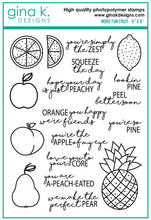 गैलरी व्यूवर में इमेज लोड करें, Gina K. Designs - Stamp &amp; Die Set - More Fun Fruit. More Fun Fruit is a stamp &amp; die set by Beth Silika. This set is made of premium clear photopolymer and measures 6" X 8". Made in the USA. Made in the USA. Available at Embellish Away located in Bowmanville Ontario Canada.
