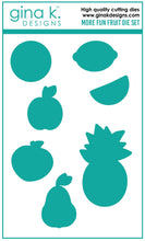 गैलरी व्यूवर में इमेज लोड करें, Gina K. Designs - Stamp &amp; Die Set - More Fun Fruit. More Fun Fruit is a stamp &amp; die set by Beth Silika. This set is made of premium clear photopolymer and measures 6" X 8". Made in the USA. Made in the USA. Available at Embellish Away located in Bowmanville Ontario Canada.
