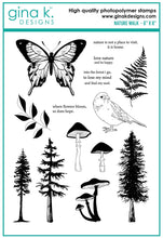 Load image into Gallery viewer, Gina K. Designs - Stamp &amp; Die Set - Nature Walk. Nature Walk is a stamp set by Hannah Drapinski. This set is made of premium clear photopolymer and measures 6" X 8".  Made in the USA. Available at Embellish Away located in Bowmanville Ontario Canada.
