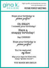 Cargar imagen en el visor de la galería, Gina K. Designs - Stamp &amp; Die Set - Picture Perfect Greetings. Available at Embellish Away located in Bowmanville Ontario Canada.
