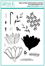 Load image into Gallery viewer, Gina K. Designs - Stamp &amp; Die Set - Showers Of Blessings. Showers of Blessings is a stamp and die set by Lisa Hetrick. This set is made of premium clear photopolymer and measures 6" X 8". Available at Embellish Away located in Bowmanville Ontario Canada.
