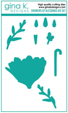 Load image into Gallery viewer, Gina K. Designs - Stamp &amp; Die Set - Showers Of Blessings. Showers of Blessings is a stamp and die set by Lisa Hetrick. This set is made of premium clear photopolymer and measures 6" X 8". Available at Embellish Away located in Bowmanville Ontario Canada.
