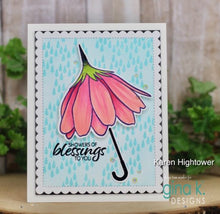 Load image into Gallery viewer, Gina K. Designs - Stamp &amp; Die Set - Showers Of Blessings. Showers of Blessings is a stamp and die set by Lisa Hetrick. This set is made of premium clear photopolymer and measures 6" X 8". Available at Embellish Away located in Bowmanville Ontario Canada. Example by Karen Hightower
