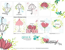 Load image into Gallery viewer, Gina K. Designs - Stamp &amp; Die Set - Showers Of Blessings. Showers of Blessings is a stamp and die set by Lisa Hetrick. This set is made of premium clear photopolymer and measures 6" X 8". Available at Embellish Away located in Bowmanville Ontario Canada. Example by Lisa Hetrick.
