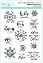 Load image into Gallery viewer, Gina K. Designs - Stamp &amp; Die Set - Snow Much Love. Snow Much Love is a stamp &amp; die set by Gina K Designs. This set is made of premium clear photopolymer and measures 6" X 8". Made in the USA. Available at Embellish Away located in Bowmanville Ontario Canada.
