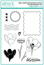 Load image into Gallery viewer, Gina K. Designs - Stamp &amp; Die Set - Spring in Bloom. Spring in Bloom is a stamp set by Lisa Hetrick. This set is made of premium clear photopolymer and measures 6" X 8". Made in the USA. Available at Embellish Away located in Bowmanville Ontario Canada.
