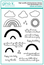 Load image into Gallery viewer, Gina K. Designs - Stamp &amp; Die Set - Sunshine and Rainbows. Sunshine and Rainbows is a stamp set by Beth Silika. This set is made of premium clear photopolymer and measures 6" X 8". Made in the USA. Available at Embellish Away located in Bowmanville Ontario Canada.

