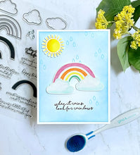 Load image into Gallery viewer, Gina K. Designs - Stamp &amp; Die Set - Sunshine and Rainbows. Sunshine and Rainbows is a stamp set by Beth Silika. This set is made of premium clear photopolymer and measures 6" X 8". Made in the USA. Available at Embellish Away located in Bowmanville Ontario Canada. Card example by brand ambassador.
