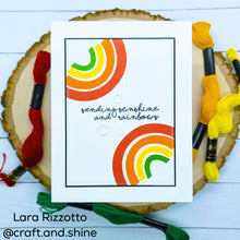 Load image into Gallery viewer, Gina K. Designs - Stamp &amp; Die Set - Sunshine and Rainbows. Sunshine and Rainbows is a stamp set by Beth Silika. This set is made of premium clear photopolymer and measures 6" X 8". Made in the USA. Available at Embellish Away located in Bowmanville Ontario Canada. Card example by Lara Rizzotto.

