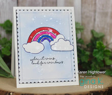 Load image into Gallery viewer, Gina K. Designs - Stamp &amp; Die Set - Sunshine and Rainbows. Sunshine and Rainbows is a stamp set by Beth Silika. This set is made of premium clear photopolymer and measures 6" X 8". Made in the USA. Available at Embellish Away located in Bowmanville Ontario Canada. Card example by Karen Hightower.
