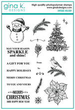 Load image into Gallery viewer, Gina K. Designs - Stamp &amp; Die Set - Vintage Holiday. Vintage Holiday is a stamp set by Gina K Designs. This set is made of premium clear photopolymer and measures 6" X 8". Made in the USA. Available at Embellish Away located in Bowmanville Ontario Canada.
