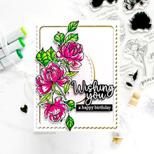 Load image into Gallery viewer, Gina K. Designs - Stamp &amp; Die Set - Wishful Roses. Wishful Roses is a stamp set by Arjita Singh. This set is made of premium clear photopolymer and measures 6" X 8". Made in the USA. Available at Embellish Away located in Bowmanville Ontario Canada. Example by brand ambassador.
