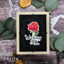 Load image into Gallery viewer, Gina K. Designs - Stamp &amp; Die Set - Wishful Roses. Wishful Roses is a stamp set by Arjita Singh. This set is made of premium clear photopolymer and measures 6" X 8". Made in the USA. Available at Embellish Away located in Bowmanville Ontario Canada. Example by brand ambassador.
