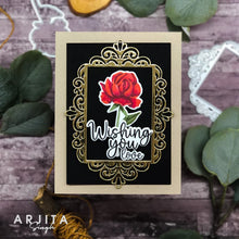 Load image into Gallery viewer, Gina K. Designs - Stamp &amp; Die Set - Wishful Roses. Wishful Roses is a stamp set by Arjita Singh. This set is made of premium clear photopolymer and measures 6" X 8". Made in the USA. Available at Embellish Away located in Bowmanville Ontario Canada. Example by brand ambassador.
