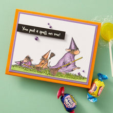 Load image into Gallery viewer, House Mouse - Cling Rubber Stamp - Halloween Flight. Halloween Flight Cling Rubber Stamp is part of the House-Mouse Holiday Friends Collection. Available at Embellish Away located in Bowmanville Ontario Canada. Card example by brand ambassador.
