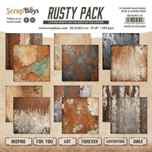 गैलरी व्यूवर में इमेज लोड करें, ScrapBoys - 8X8 Paper Pad -  Rusty Pack. 12 sheets with 2 bonus on the back of the covers. Available at Embellish Away located in Bowmanville Ontario Canada.

