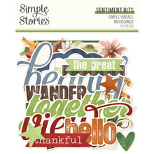 Load image into Gallery viewer, Simple Stories - Sentiment Bits &amp; Pieces - Simple Vintage Woodlands. 53 Die Cut Cardstock Pieces. Available at Embellish Away located in Bowmanville Ontairo Canada.
