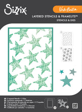 Cargar imagen en el visor de la galería, Sizzix Framelits Die Set w/A4 Stencil Set by Vicki Boutin Script Layering Stars. 2 stencils and 3 dies. At Embellish Away located in Bowmanville Ontario Canada.
