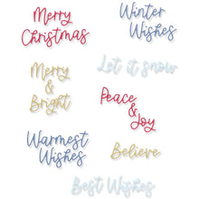 Load image into Gallery viewer, Sizzix - Thinlits Dies By Lisa Jones - 14/Pkg - Variety Sentiments #2. Perfect for adding greetings to cards and gift tags and with phrases from Merry Christmas and Let it Snow to Best Wishes and Believe. Available at Embellish Away located in Bowmanville Ontario Canada.
